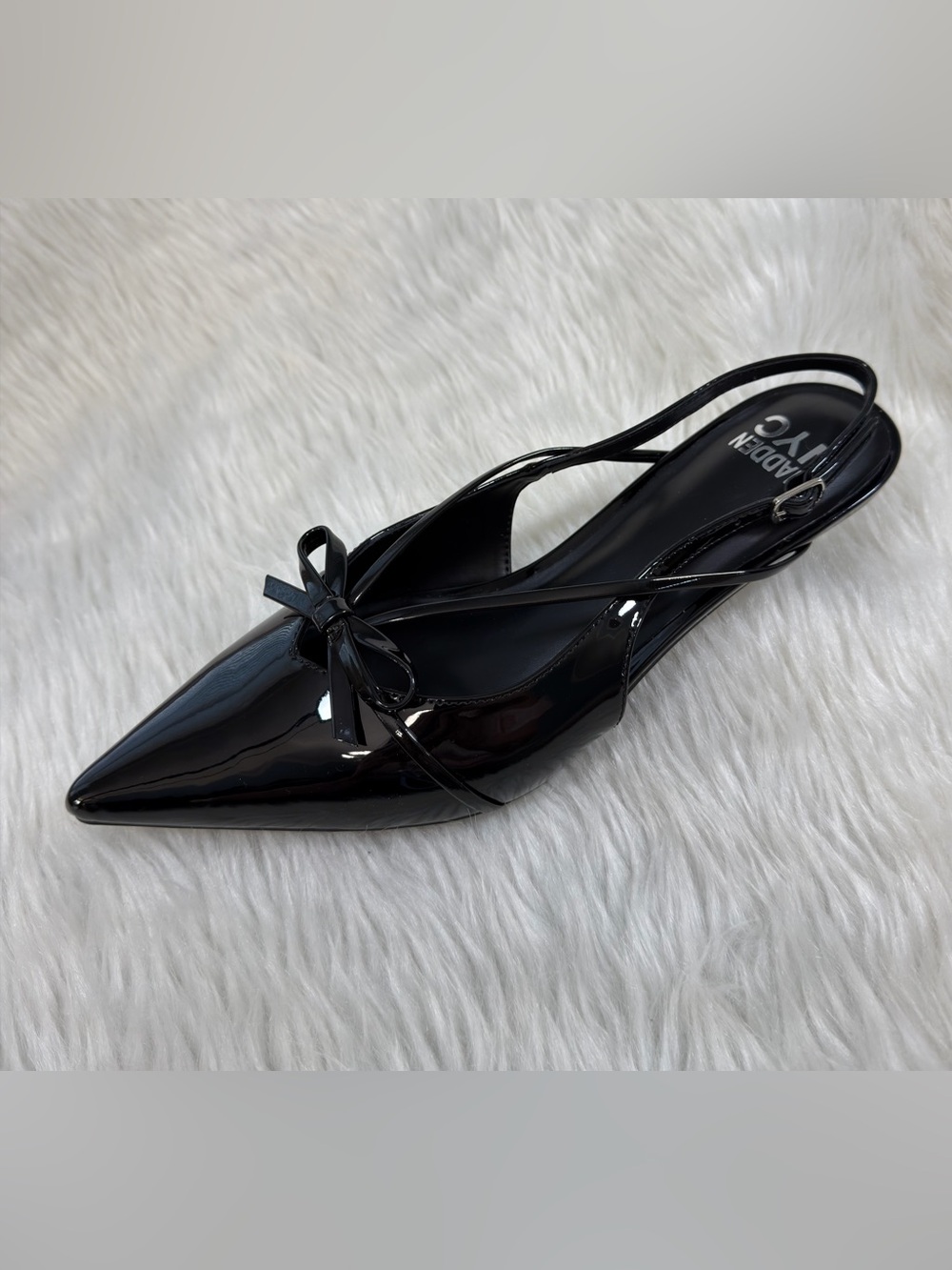 Madden NYC Black Patent Leather Pointed Toe Slingback Bow Buckle Heel Shoes 10